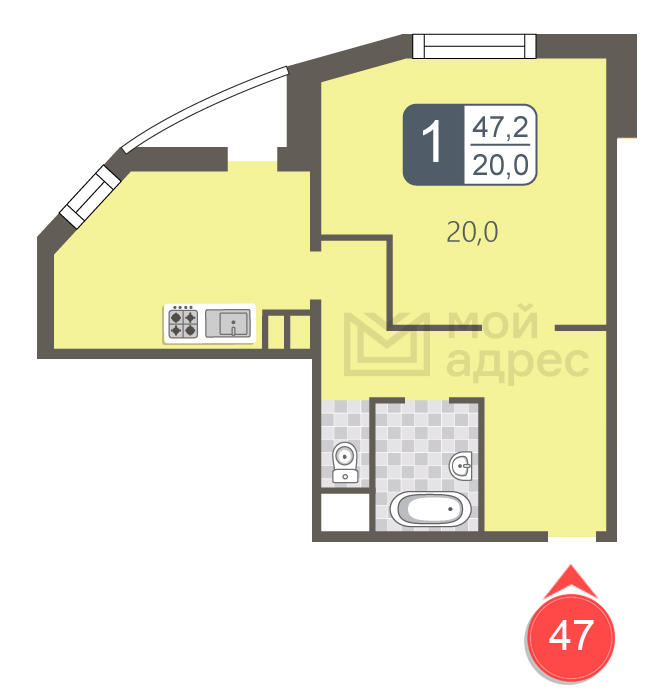 1 комн. квартира, 47.2 м², 8 этаж 