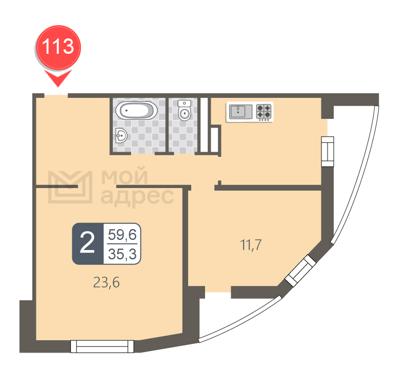 2 комн. квартира, 59.6 м², 18 этаж 