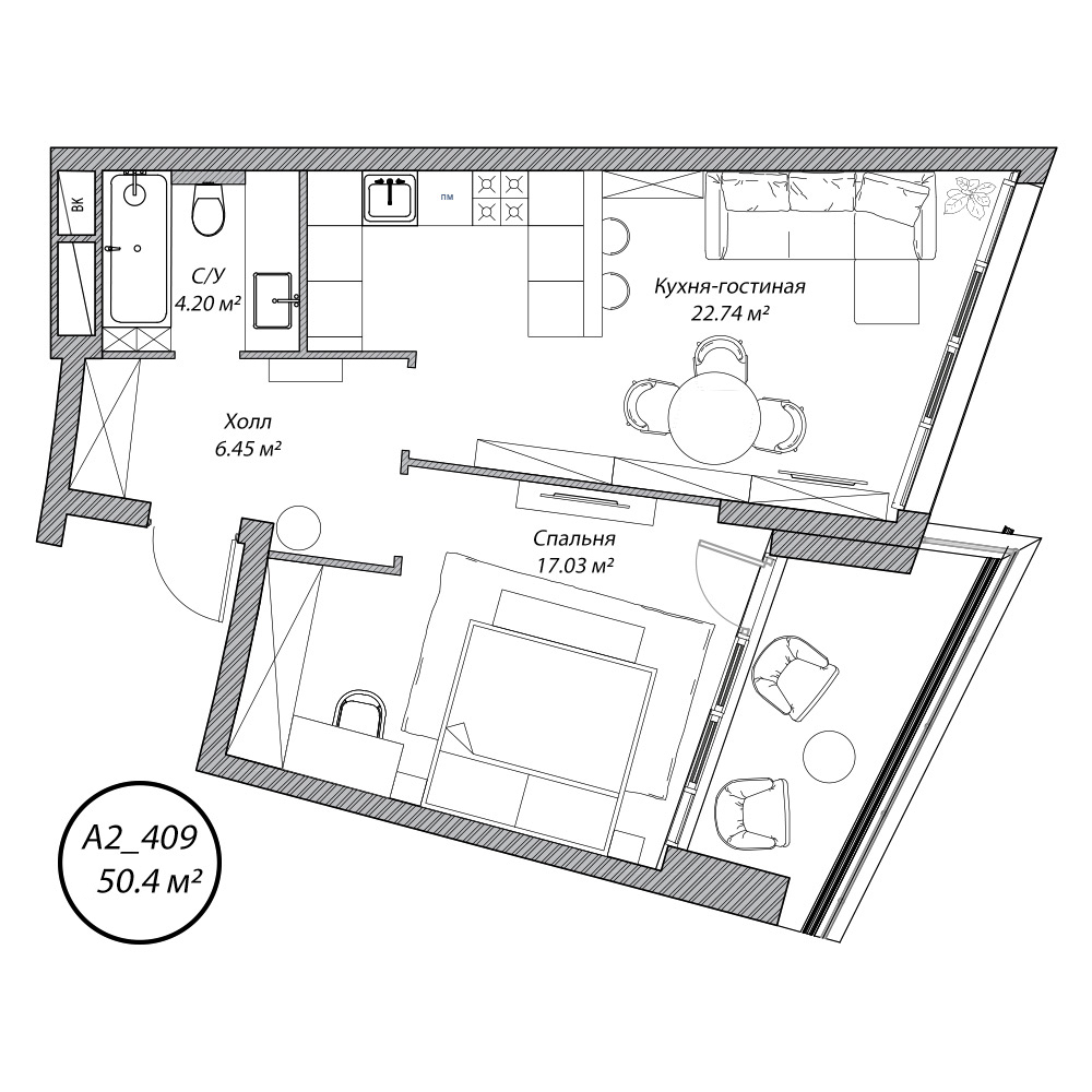 2 комн. квартира, 50.4 м², 4 этаж 