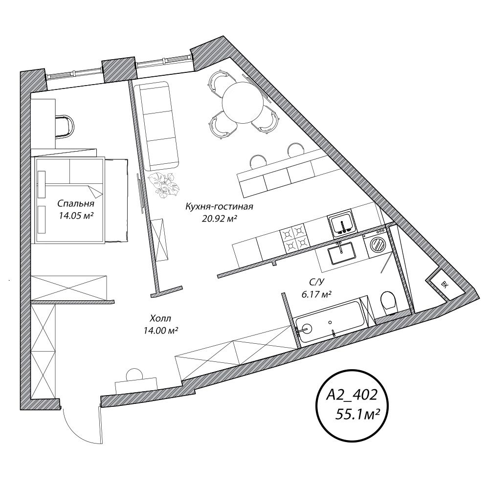 2 комн. квартира, 55.1 м², 4 этаж 