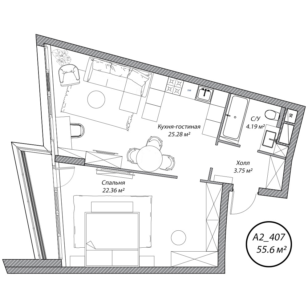 2 комн. квартира, 55.6 м², 4 этаж 