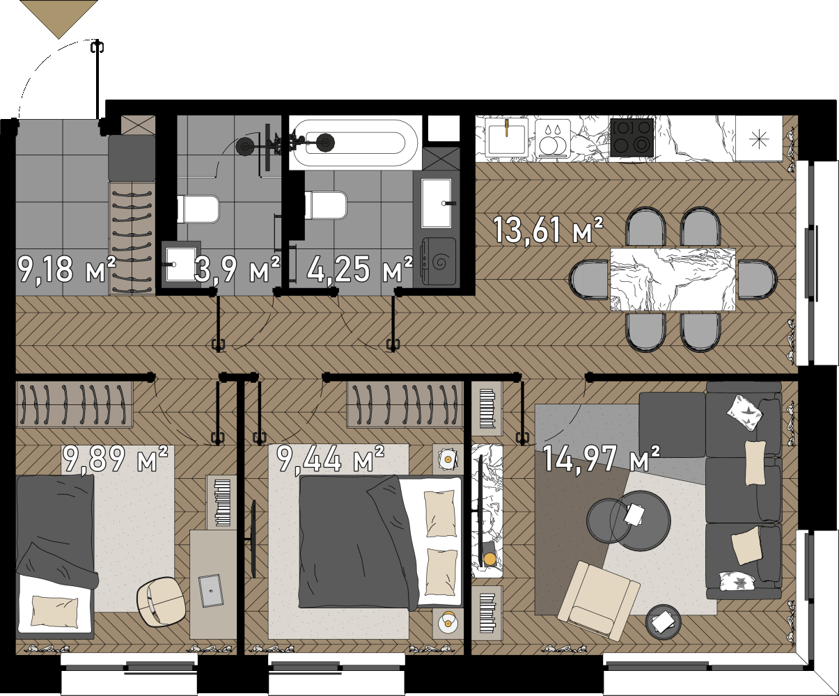 3 комн. квартира, 67.5 м², 19 этаж  (из 23)