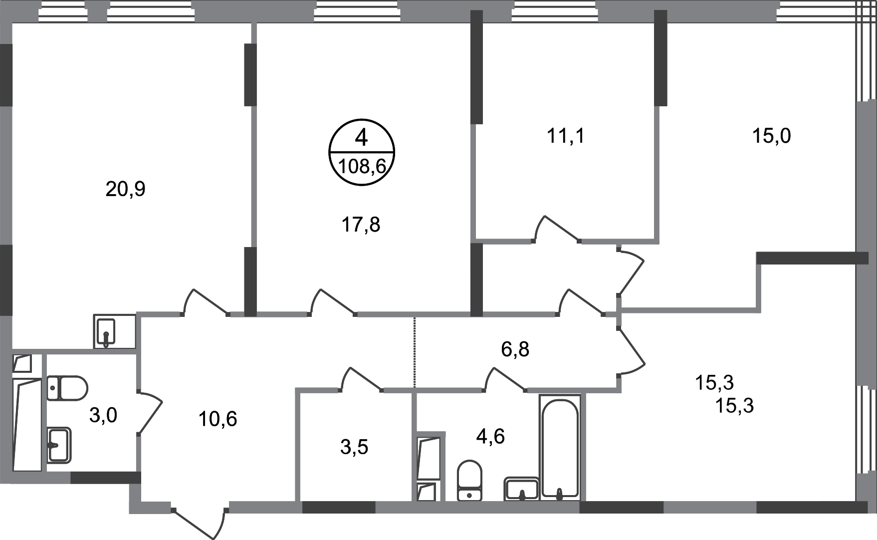 4 комн. квартира, 108.6 м², 16 этаж  (из 17)