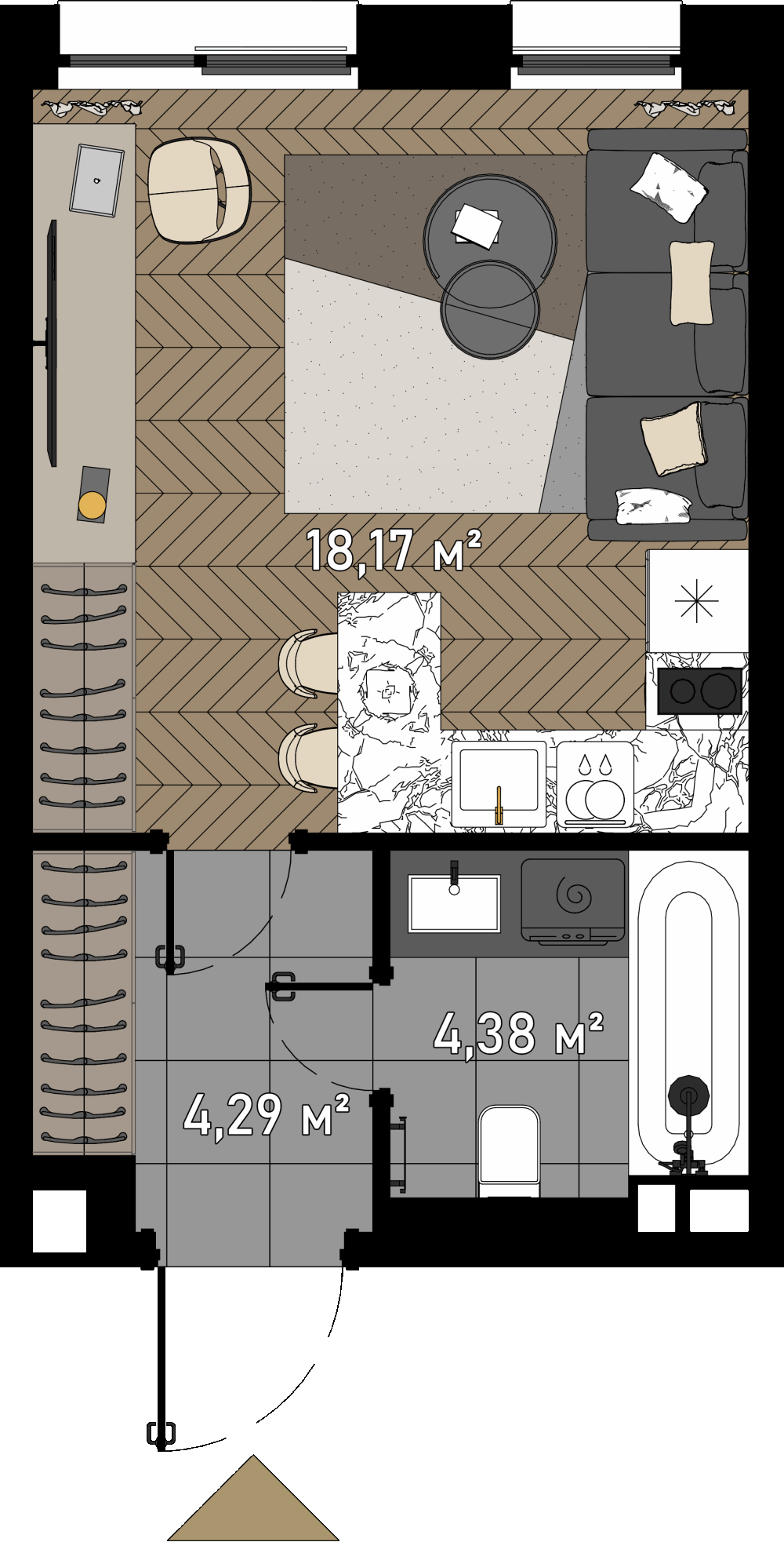 студия, 27.3 м², 16 этаж  (из 23)
