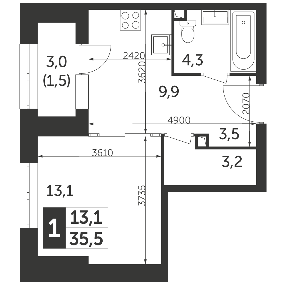 1 комн. квартира, 35.5 м², 2 этаж 