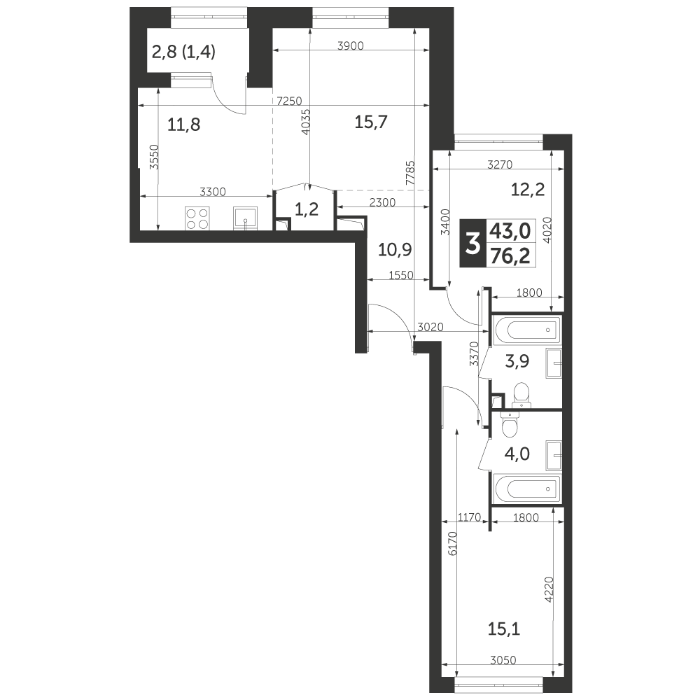 3 комн. квартира, 76.2 м², 4 этаж 