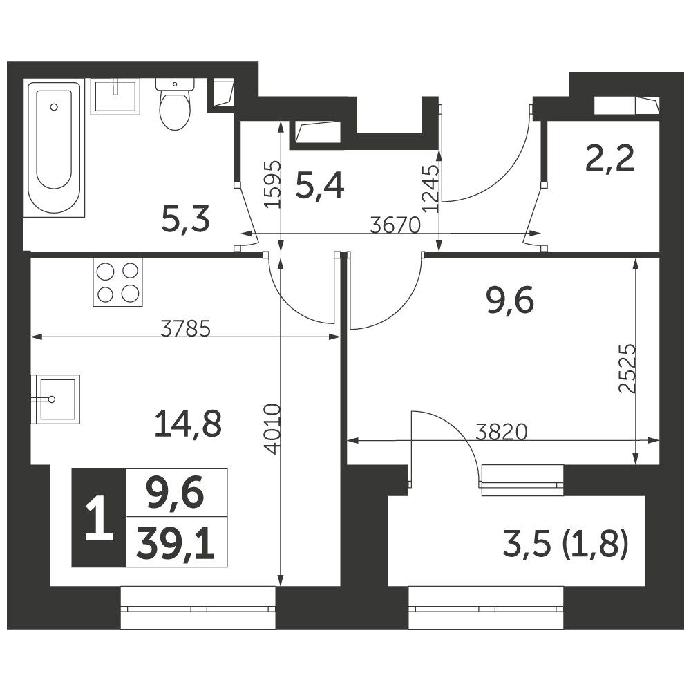 1 комн. квартира, 39.1 м², 4 этаж 