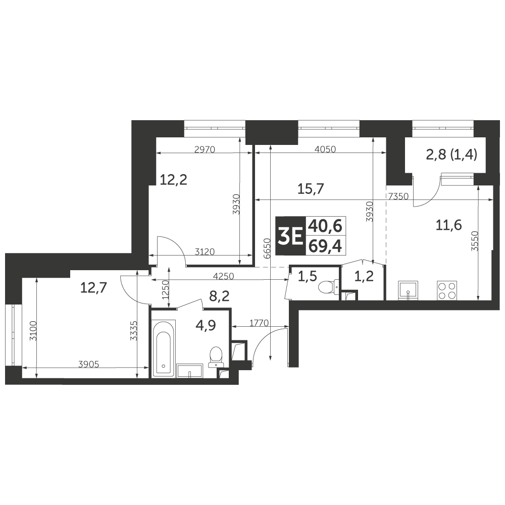 3 комн. квартира, 69.4 м², 4 этаж 