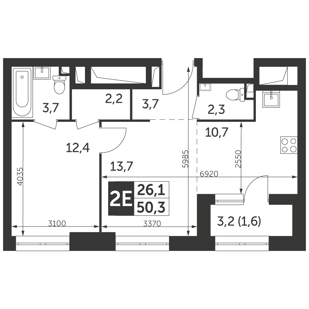 2 комн. квартира, 50.3 м², 6 этаж 