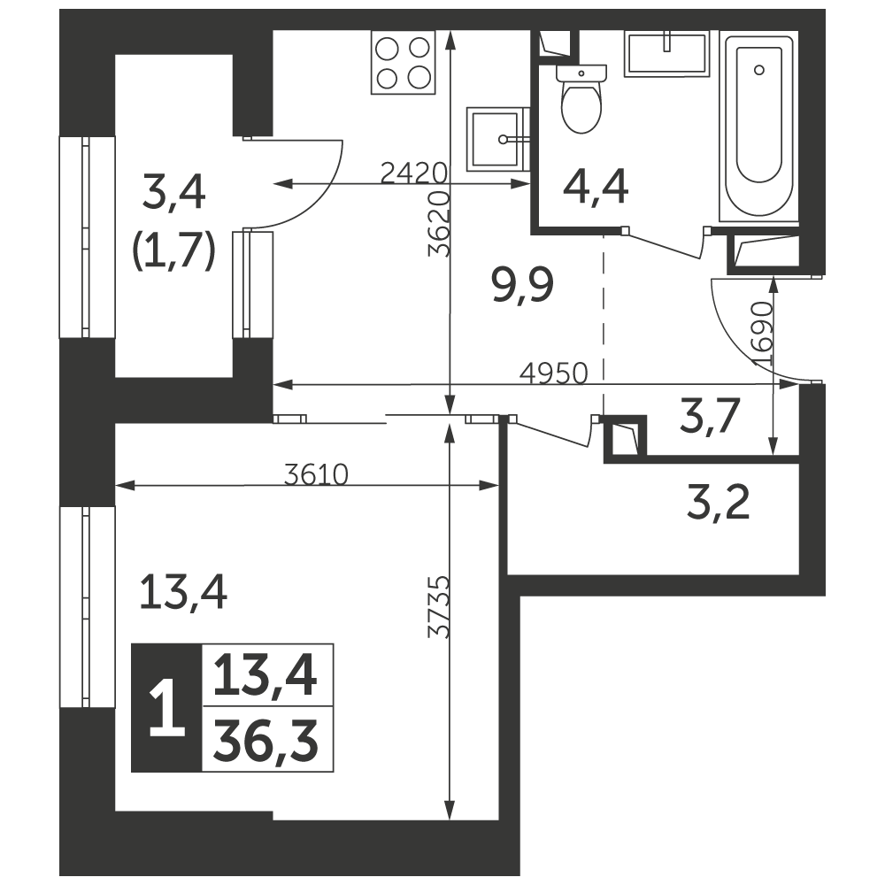1 комн. квартира, 36.3 м², 12 этаж 