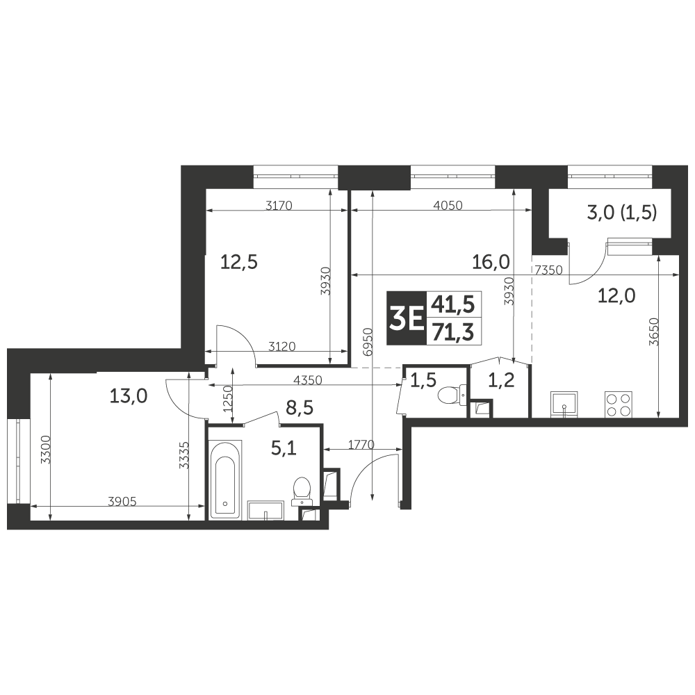 3 комн. квартира, 71.3 м², 25 этаж 