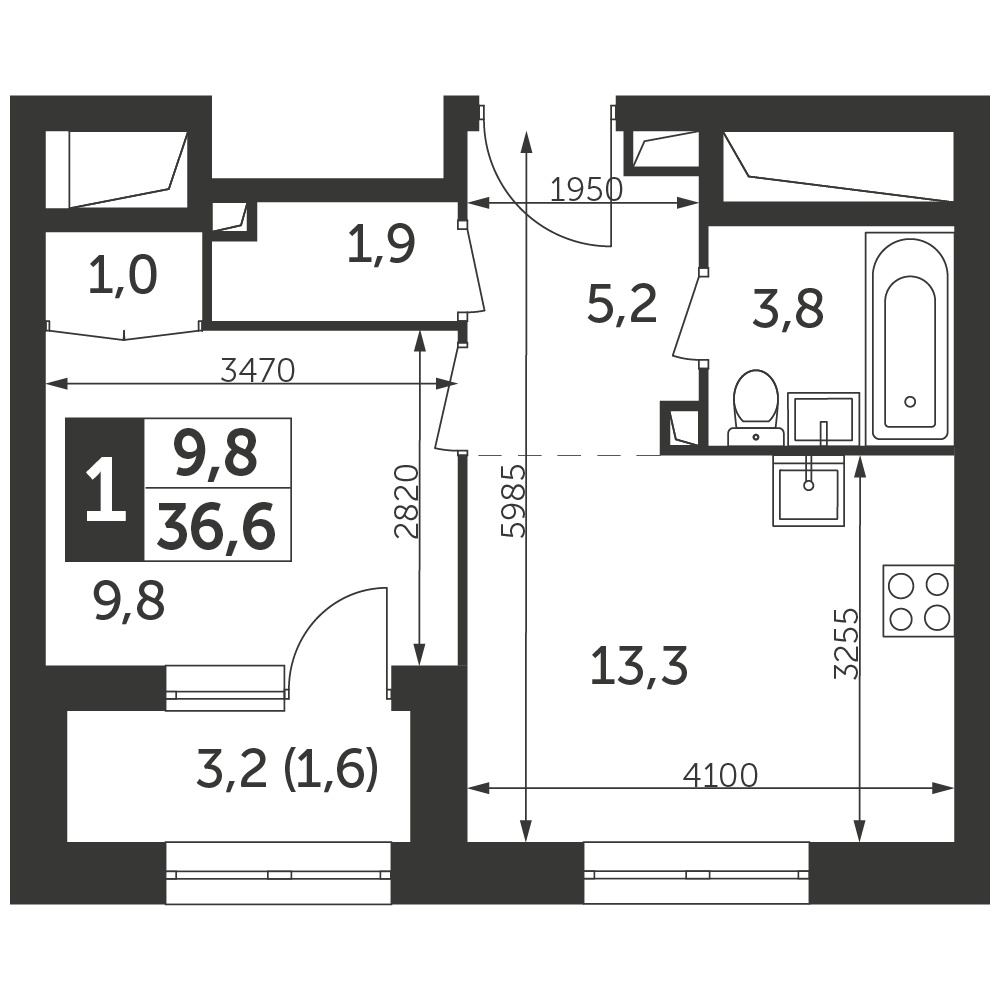 1 комн. квартира, 36.6 м², 9 этаж 