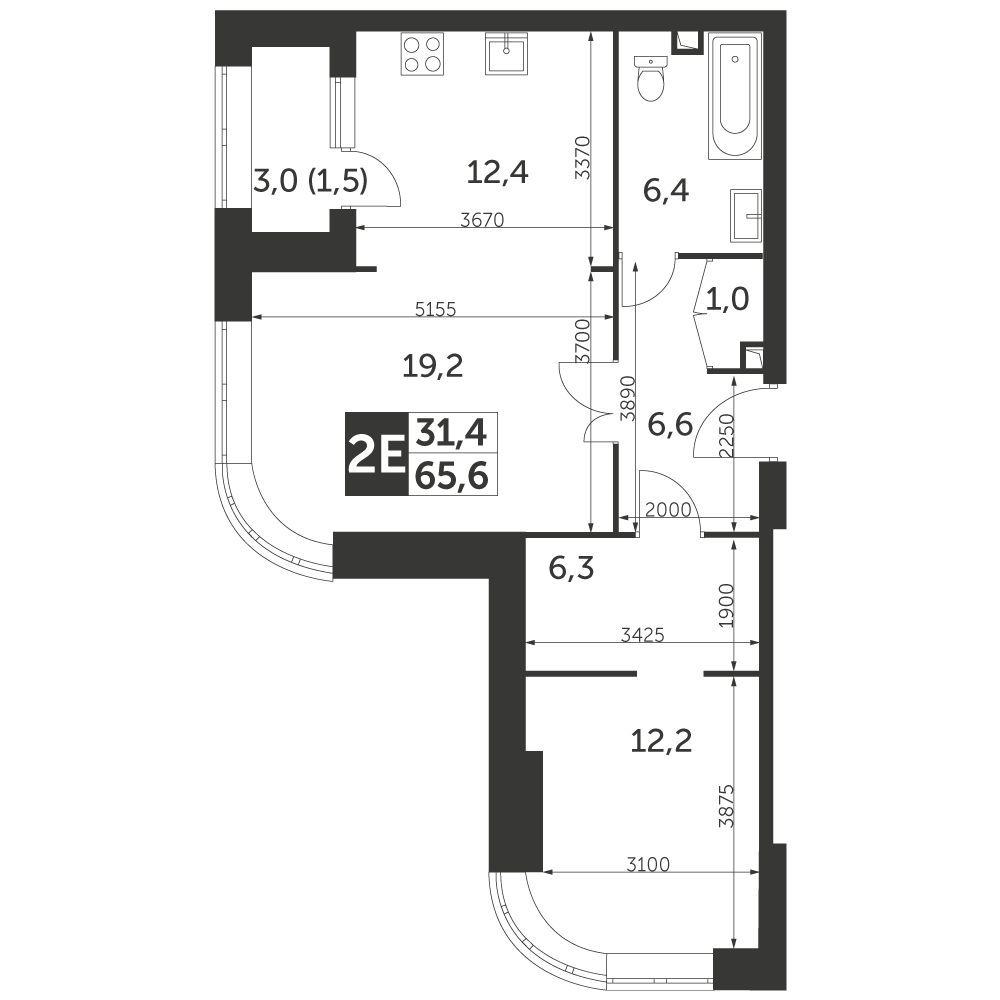 2 комн. квартира, 65.6 м², 7 этаж 