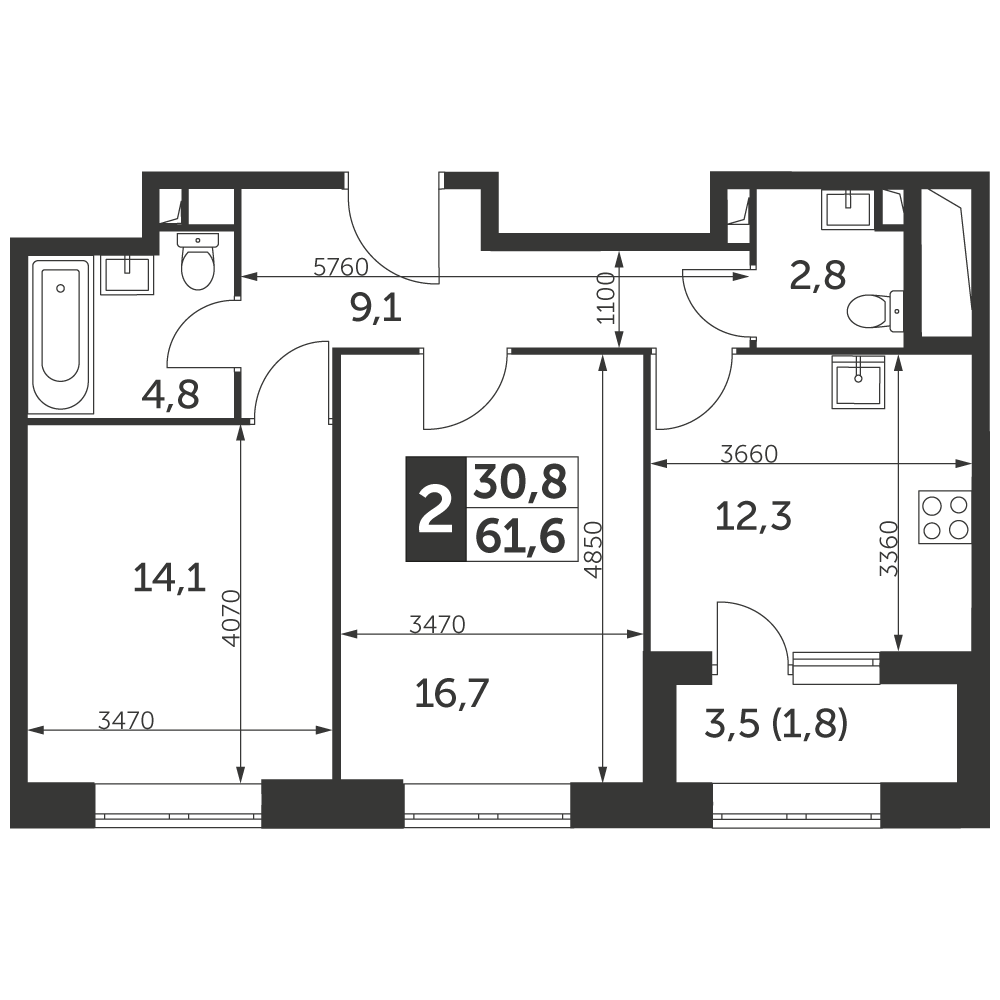 2 комн. квартира, 61.6 м², 40 этаж 
