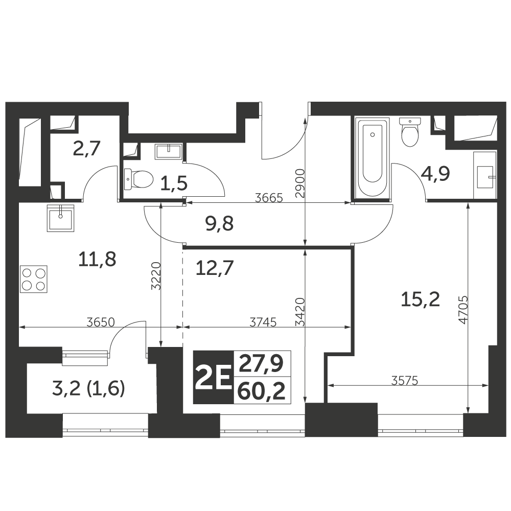 2 комн. квартира, 60.2 м², 11 этаж 