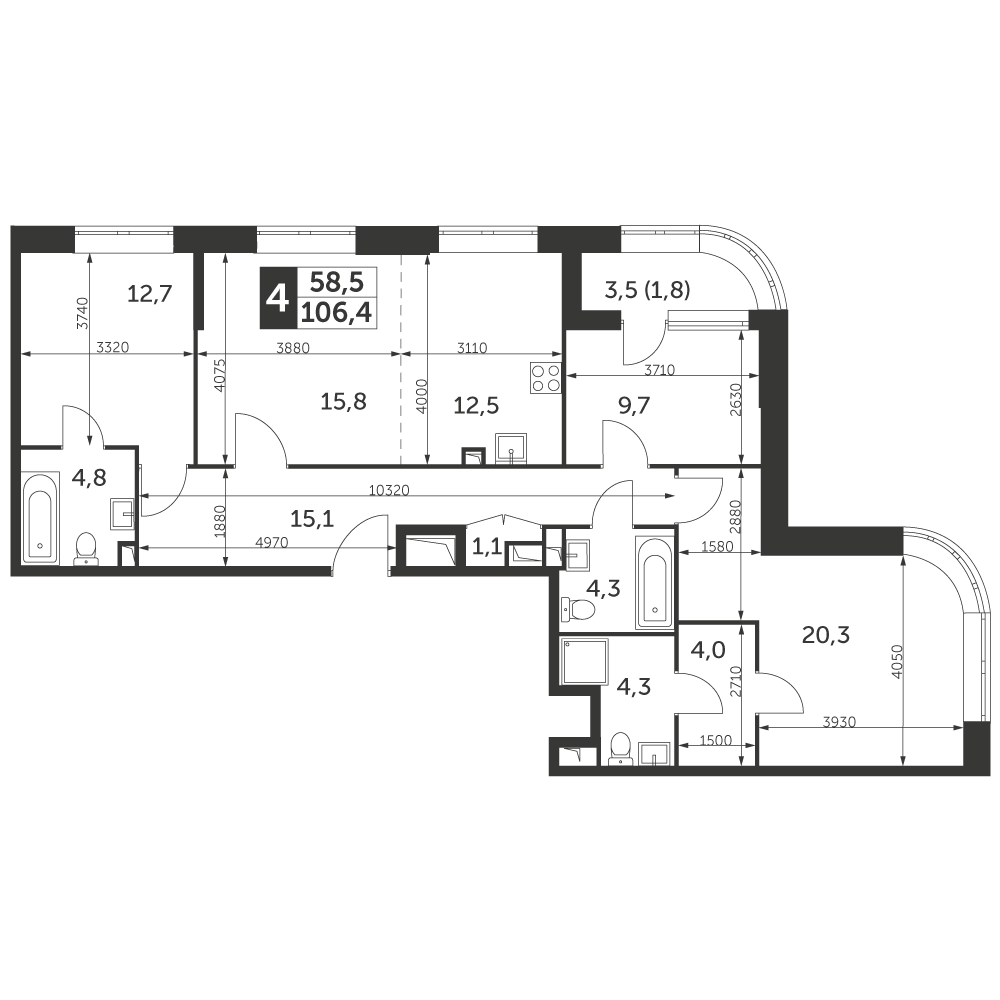 4 комн. квартира, 106.4 м², 36 этаж 