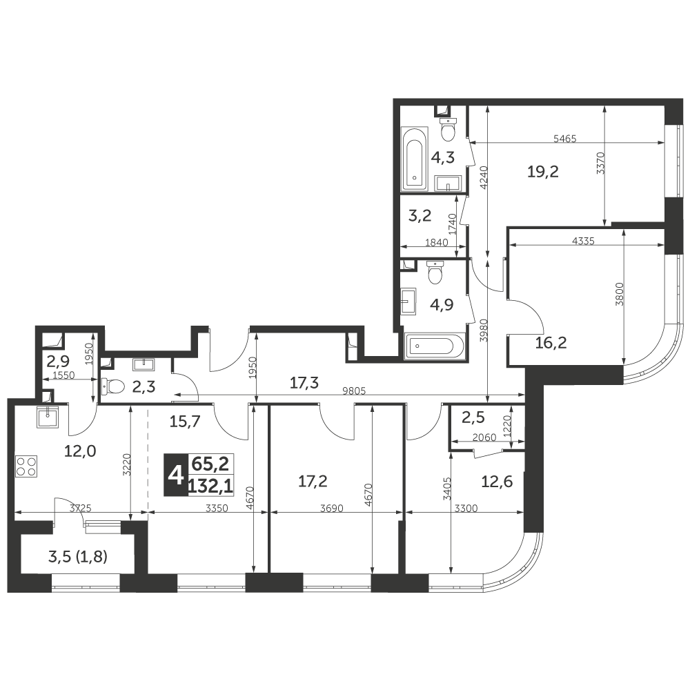 4 комн. квартира, 132.1 м², 46 этаж 