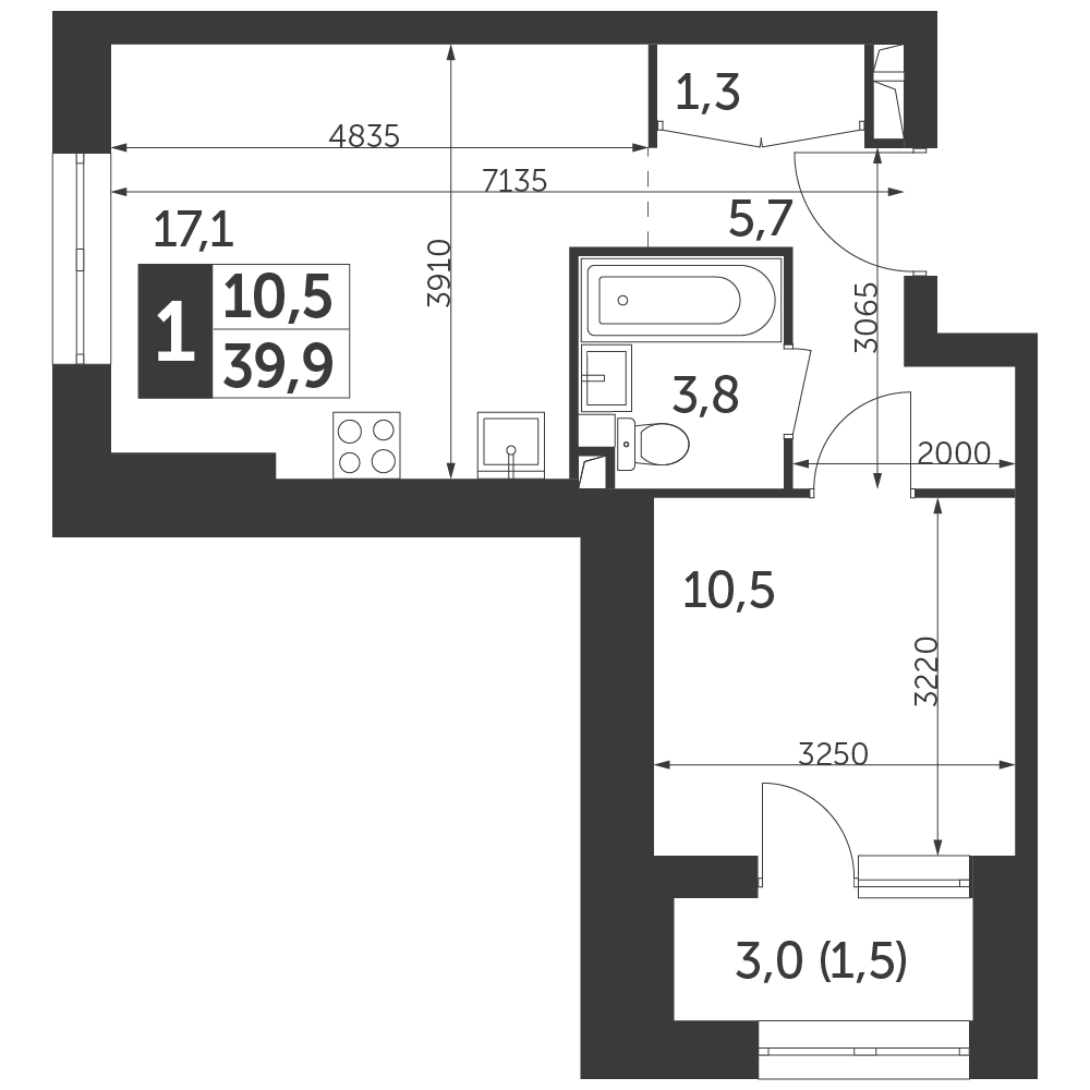 1 комн. квартира, 39.9 м², 7 этаж 