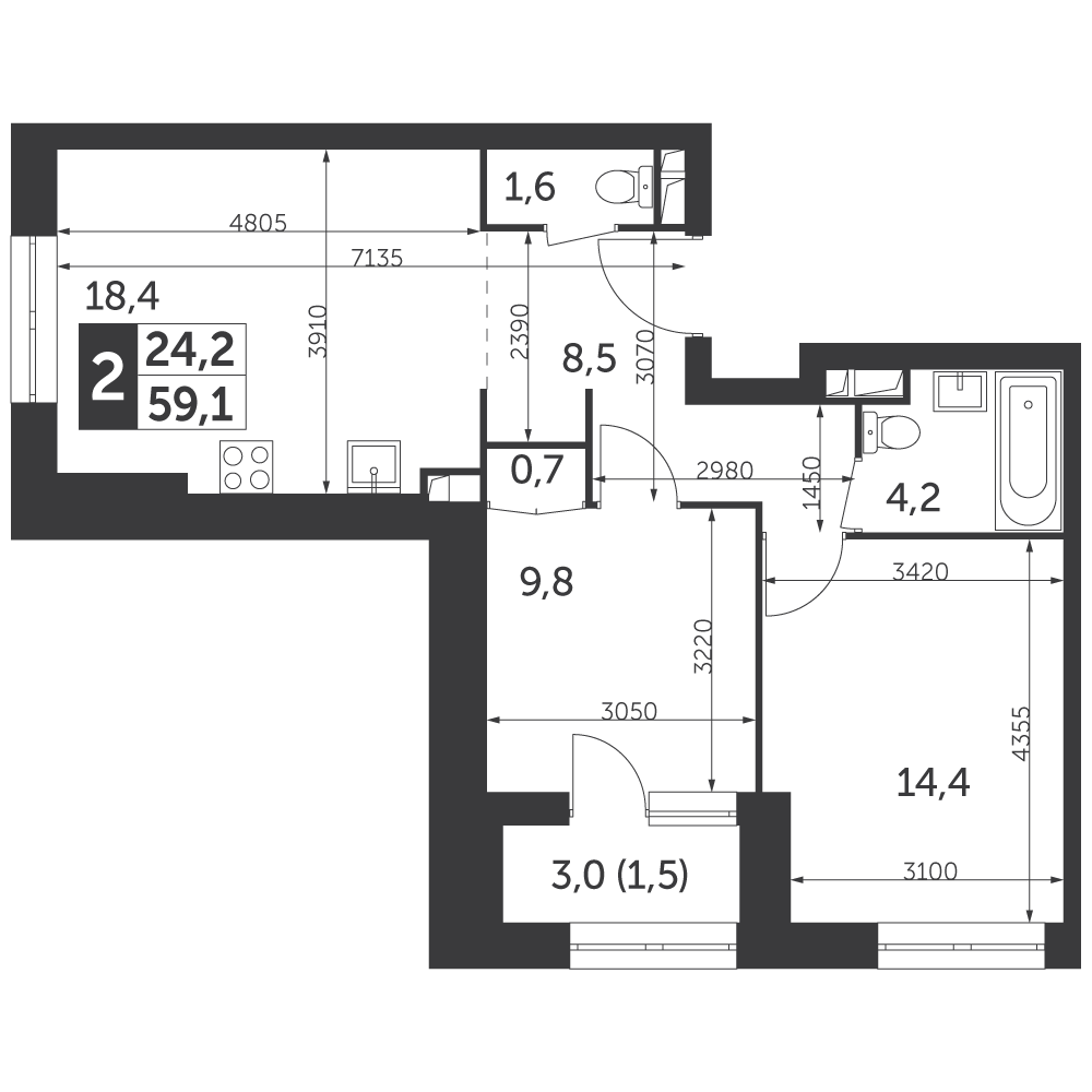 2 комн. квартира, 59.1 м², 9 этаж 