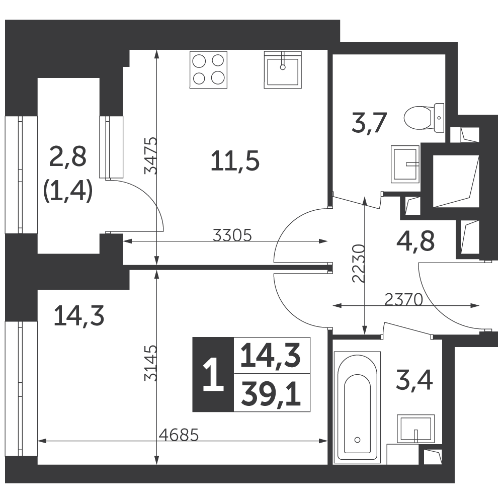 1 комн. квартира, 39.1 м², 9 этаж 