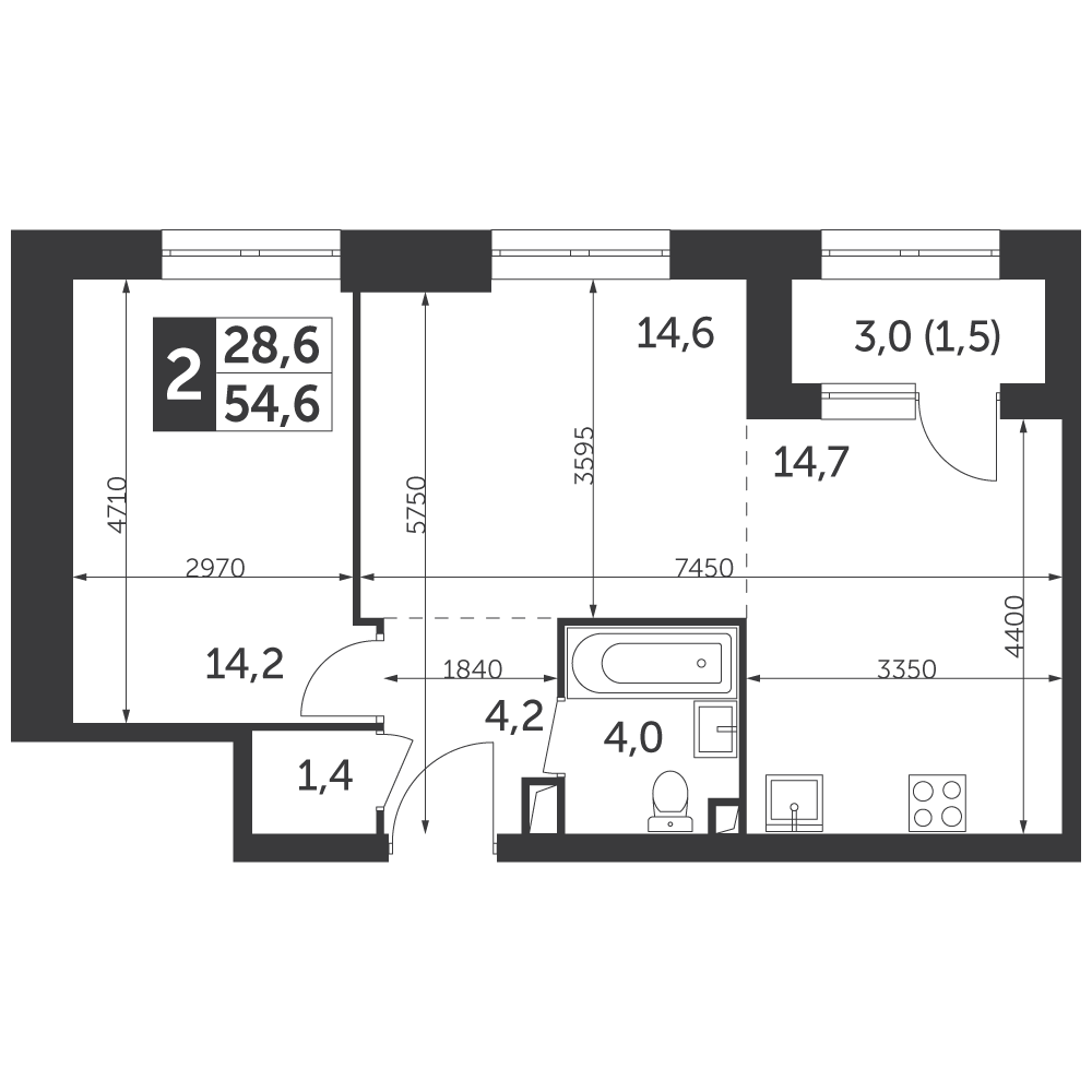 2 комн. квартира, 54.6 м², 11 этаж 