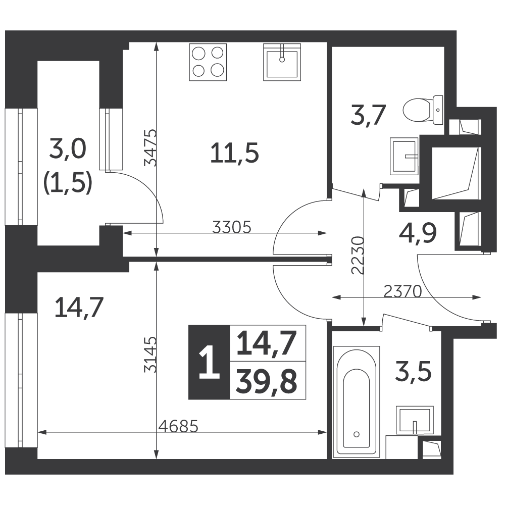 1 комн. квартира, 39.8 м², 17 этаж 