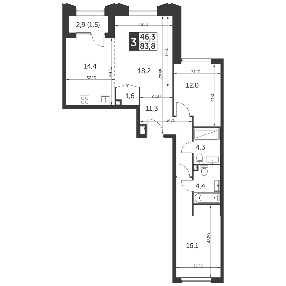 3 комн. квартира, 83.8 м², 22 этаж 