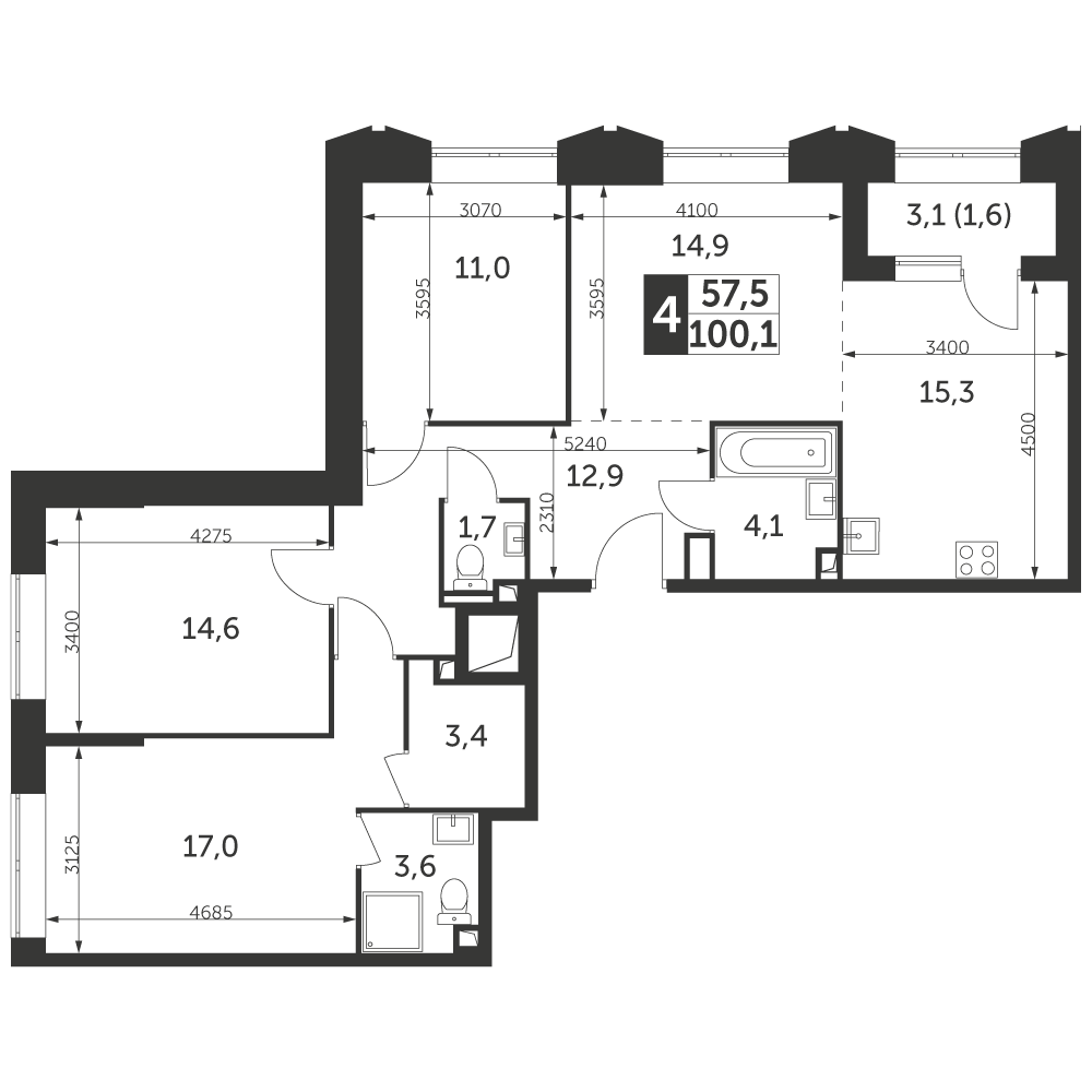 4 комн. квартира, 100.1 м², 30 этаж 