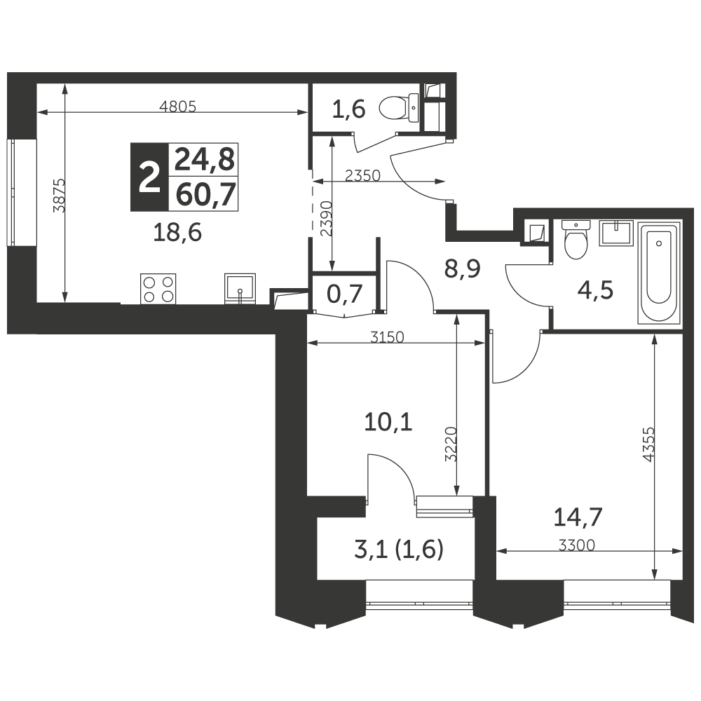 2 комн. квартира, 60.7 м², 31 этаж 