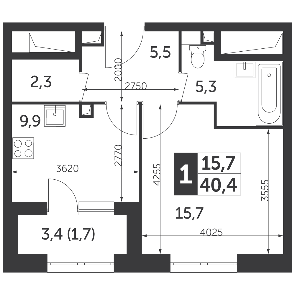 1 комн. квартира, 40.4 м², 18 этаж 