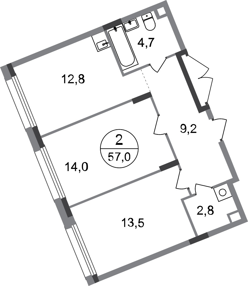 2 комн. квартира, 57 м², 1 этаж  (из 17)