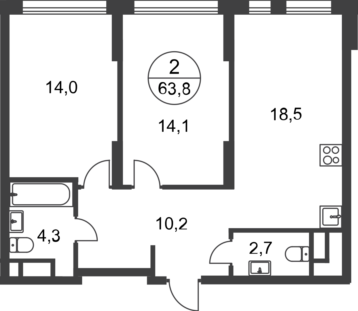 2 комн. квартира, 63.8 м², 16 этаж  (из 17)