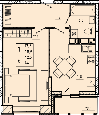 1 комн. квартира, 42.5 м², 10 этаж 