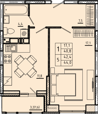 1 комн. квартира, 42.4 м², 9 этаж 