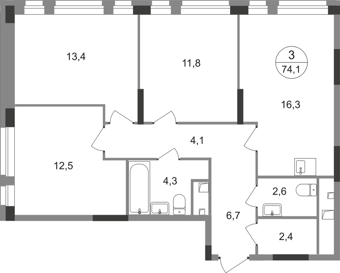 3 комн. квартира, 74.1 м², 3 этаж  (из 19)