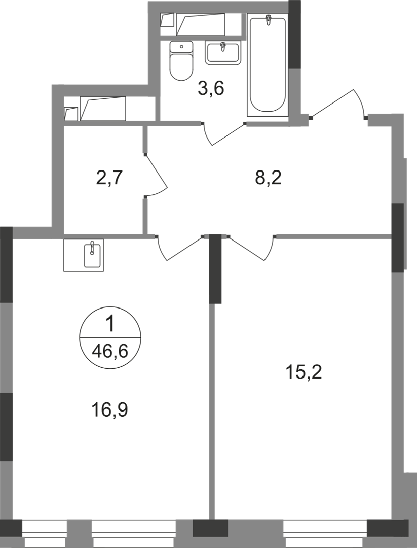 1 комн. квартира, 46.6 м², 13 этаж  (из 19)