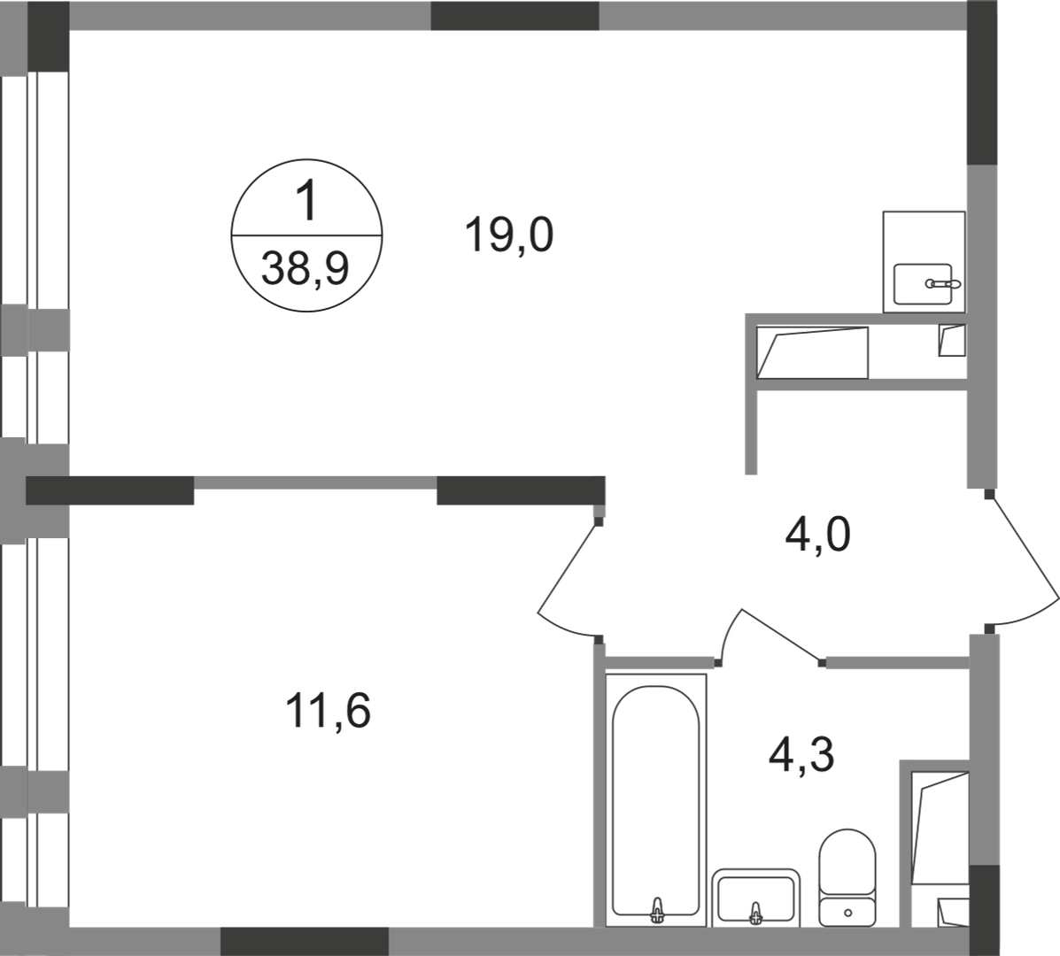 1 комн. квартира, 38.9 м², 14 этаж  (из 19)