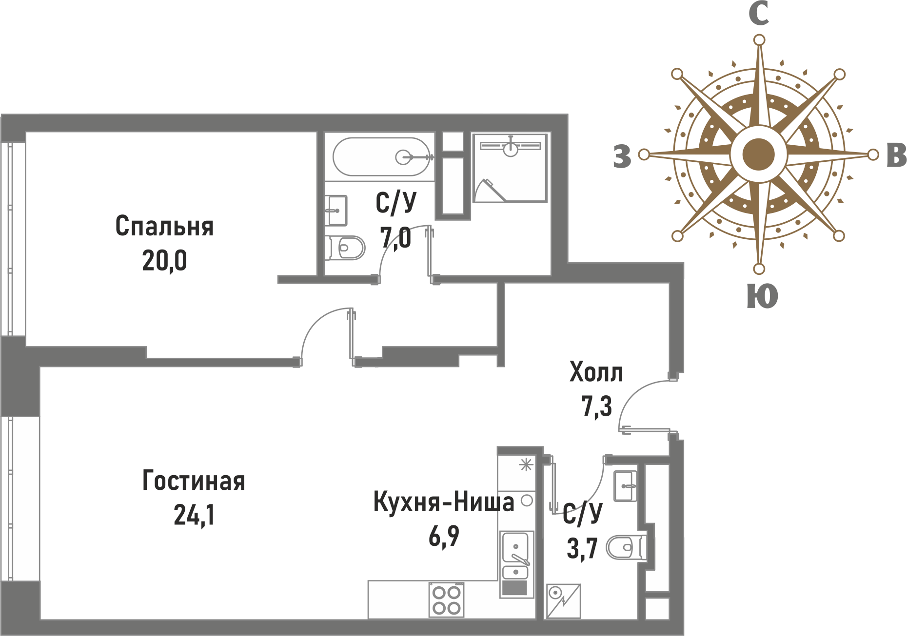 2 комн. квартира, 69.1 м², 17 этаж 