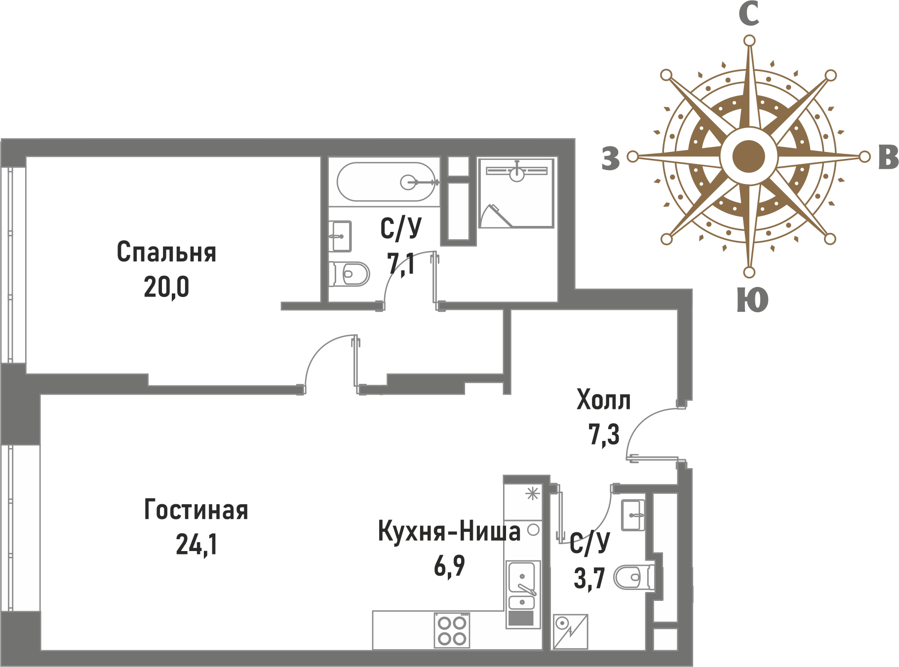 2 комн. квартира, 69.1 м², 19 этаж 