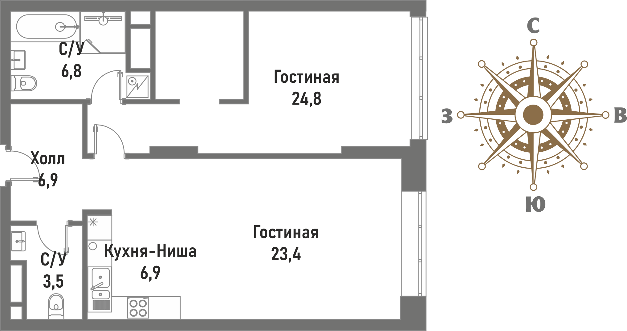 2 комн. квартира, 72.3 м², 19 этаж 