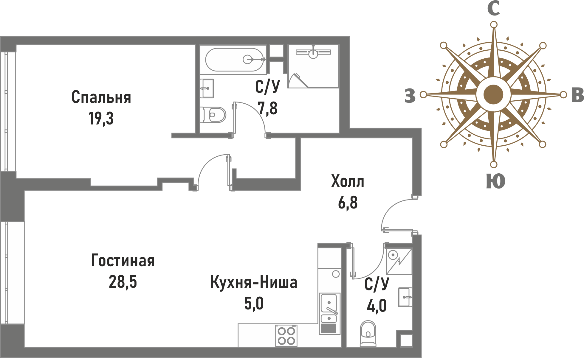 2 комн. квартира, 71.4 м², 2 этаж 