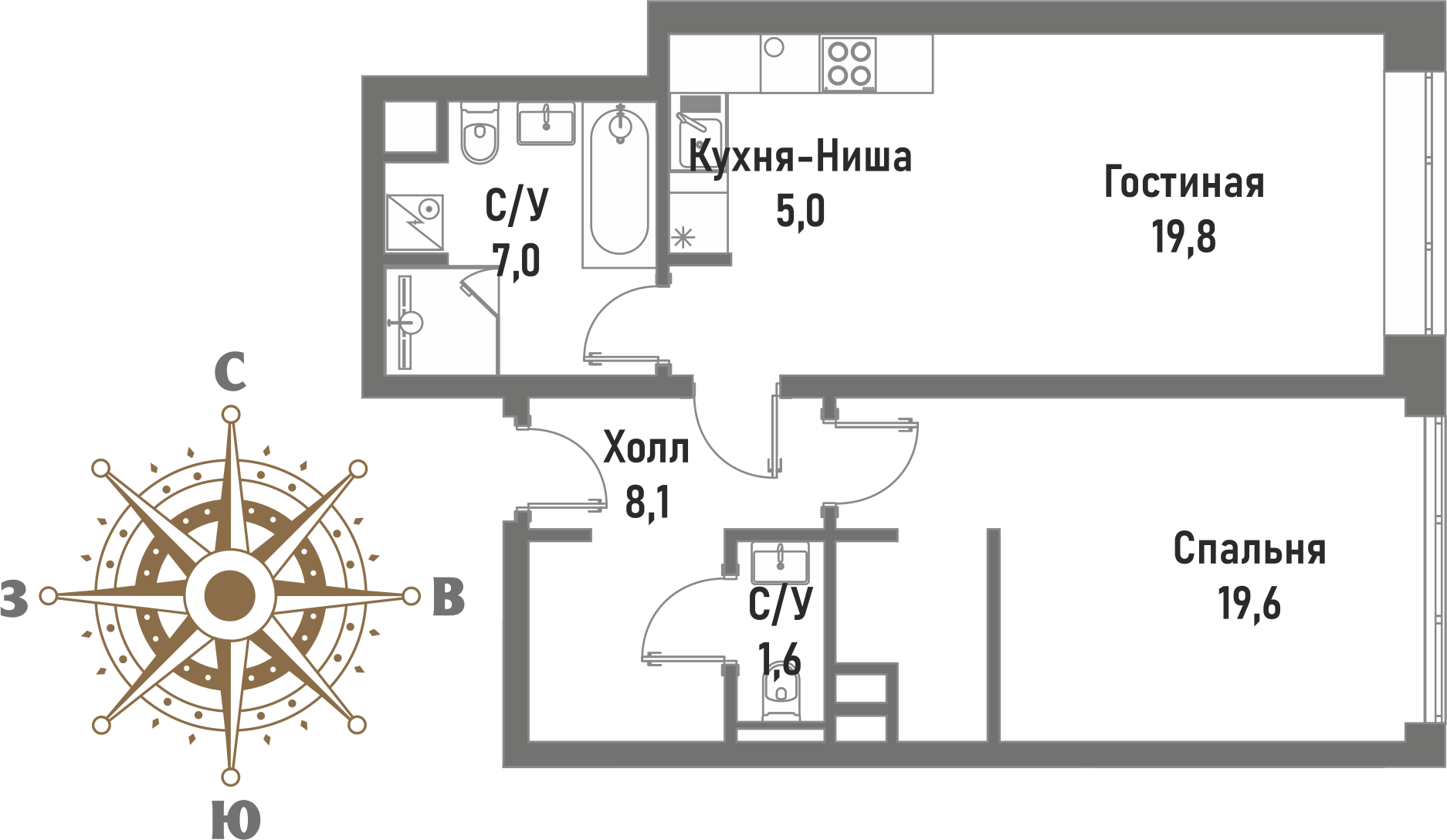 2 комн. квартира, 61.1 м², 2 этаж 