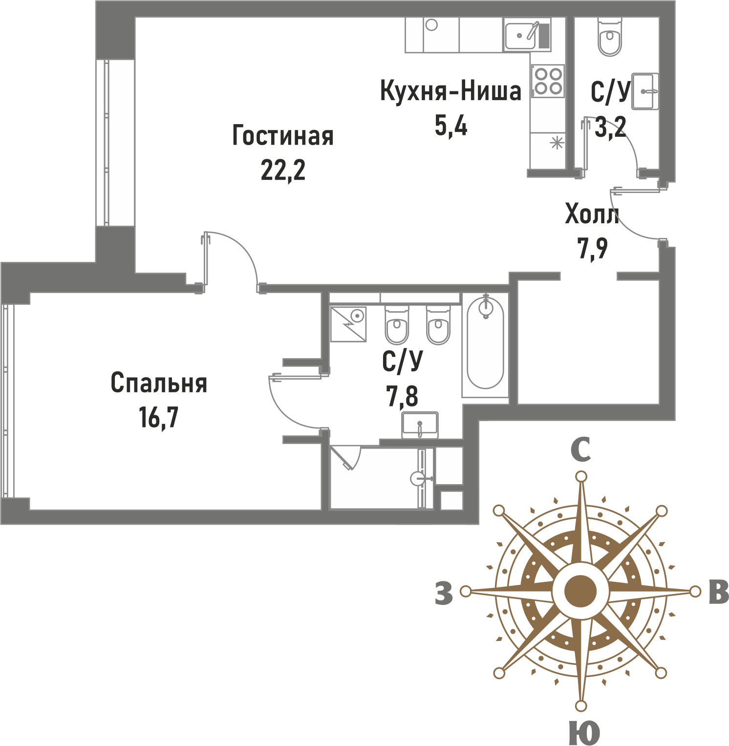 2 комн. квартира, 63.2 м², 2 этаж 