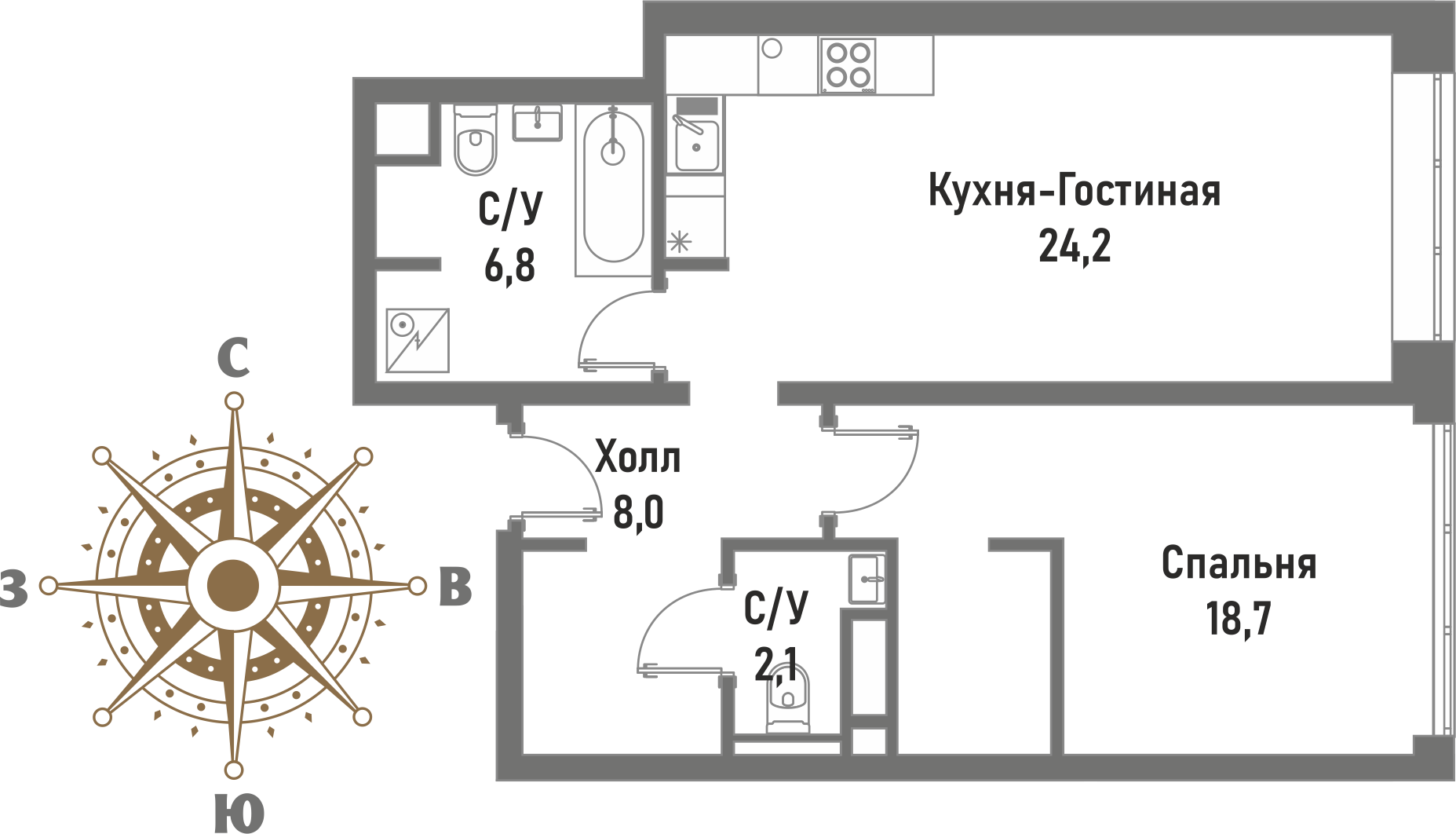 2 комн. квартира, 60.1 м², 3 этаж 