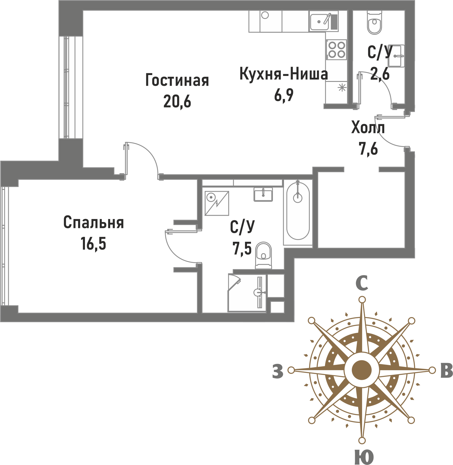2 комн. квартира, 61.7 м², 3 этаж 