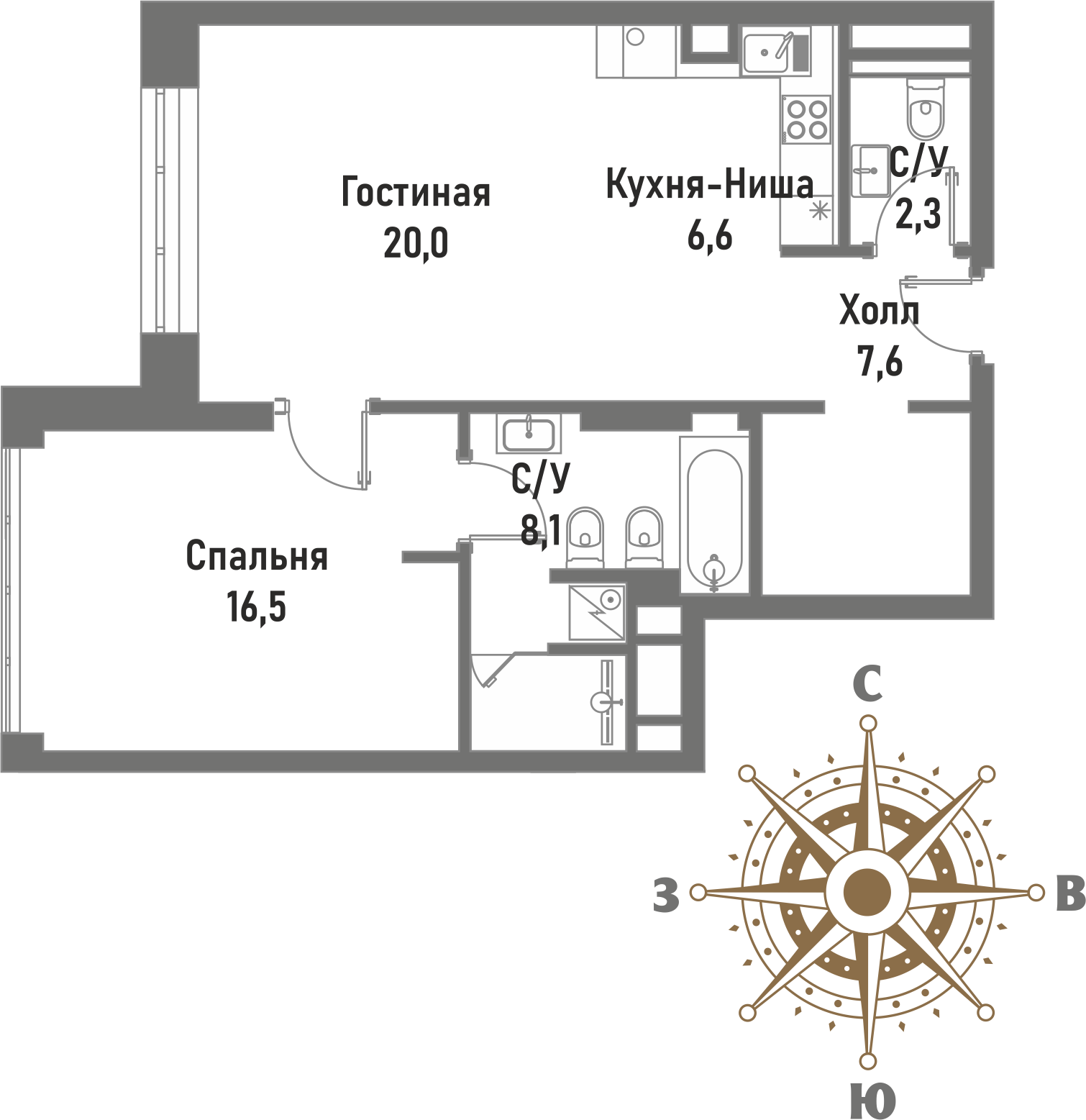 2 комн. квартира, 61.5 м², 18 этаж 