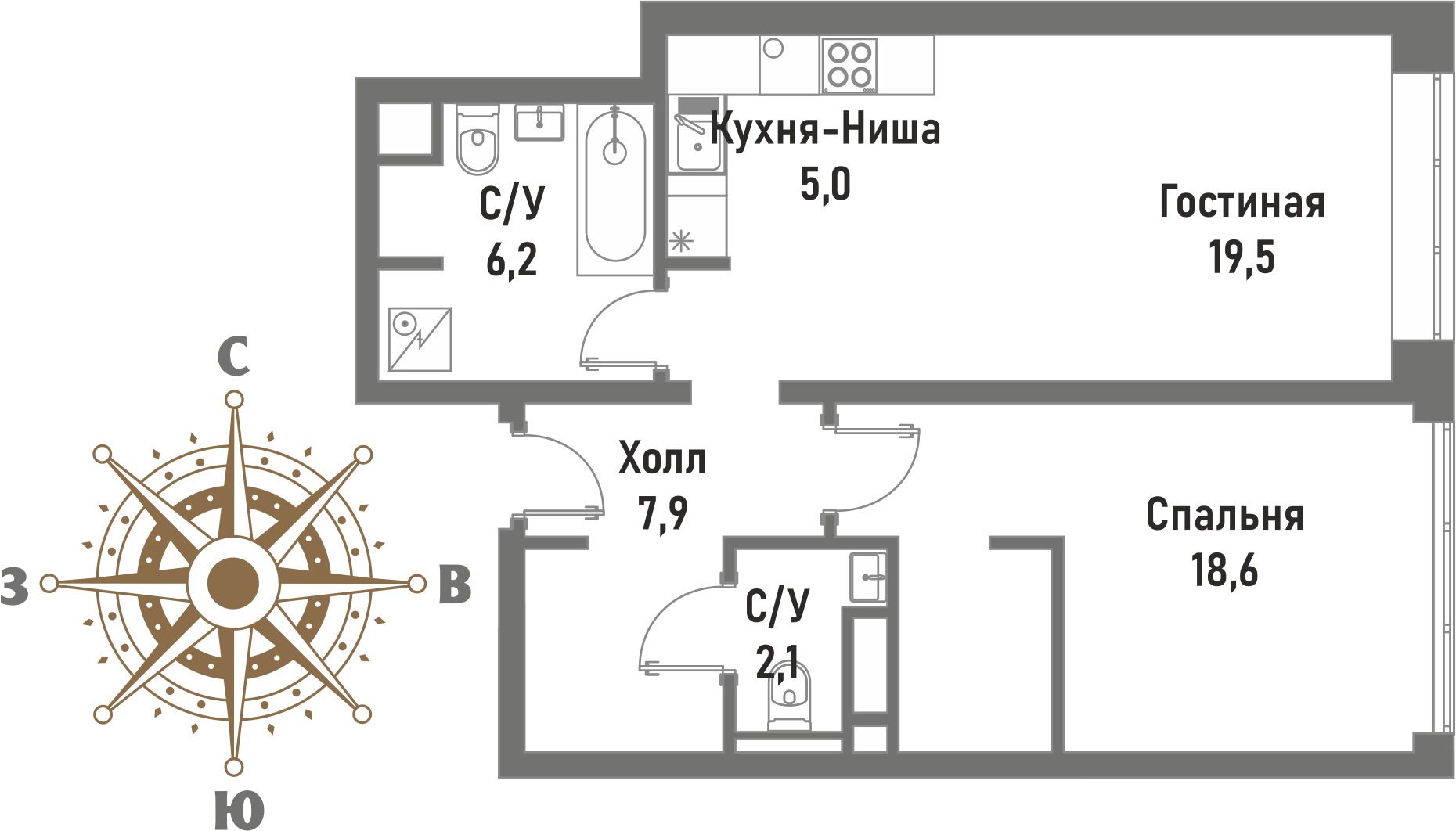 2 комн. квартира, 59.3 м², 19 этаж 