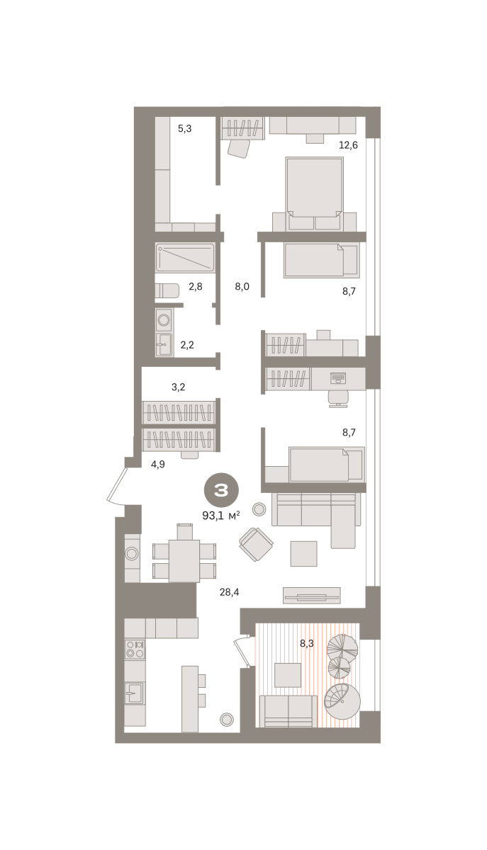 3 комн. квартира, 93.1 м², 29 этаж  (из 29)