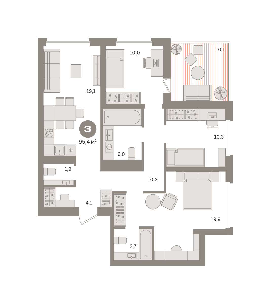 3 комн. квартира, 95.4 м², 13 этаж  (из 29)