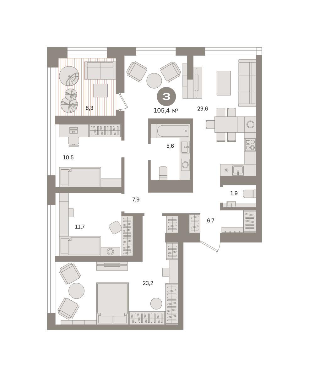 3 комн. квартира, 105.4 м², 29 этаж  (из 29)